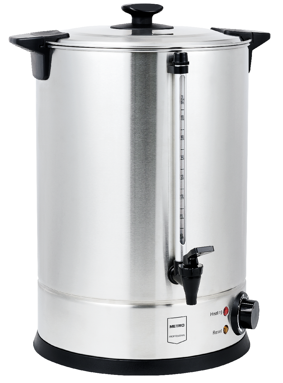 METRO Professional Hervidor/dispensador de vino caliente GWB1020, acero inoxidable, 20 L, 2600 W, 130 tazas, con indicador de nivel de agua, plateado