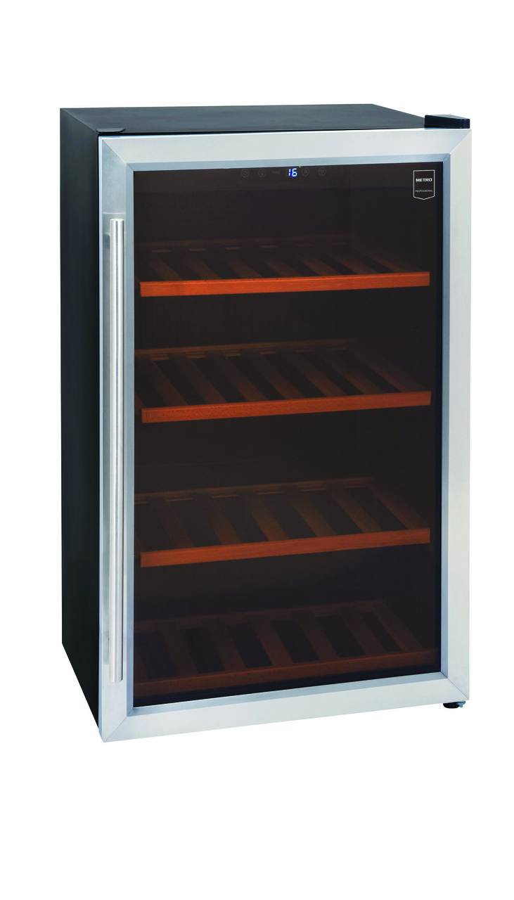 METRO Professional Vinoteca GWC3040, acero inoxidable/vidrio, 54 x 54 x 83 cm, bisagra de puerta reversible, negro/plateado