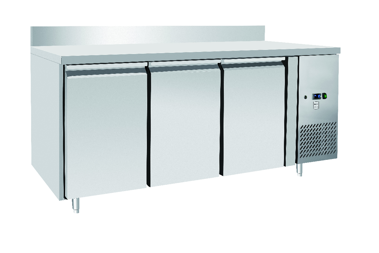METRO Professional Mesa refrigerada GCC3100BS, acero inoxidable, 179.5 x 70 x 85 cm, 334 L, 400 W, descongelación automática, con cerradura y alzada, plateado