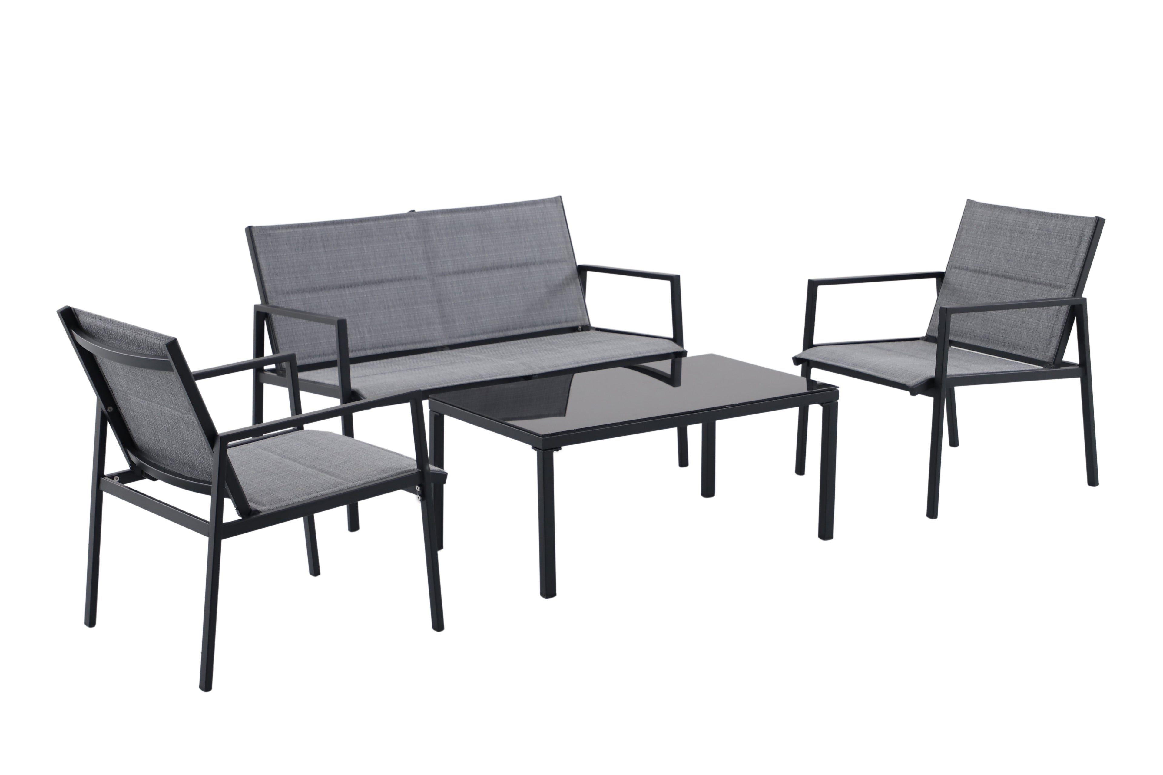 aro Conjunto lounge de exterior 4 pzs., acero/textileno, 2 sillones individuales, 1 sofá de 2 plazas, 1 mesa de centro, negro/gris